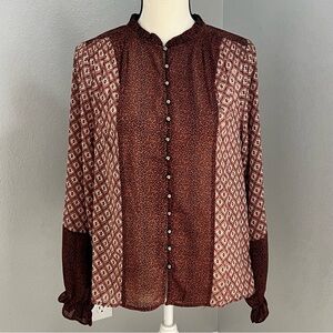 Mystree Brown and Cream Buttoned Sheer Blouse with Mandarin Collar
